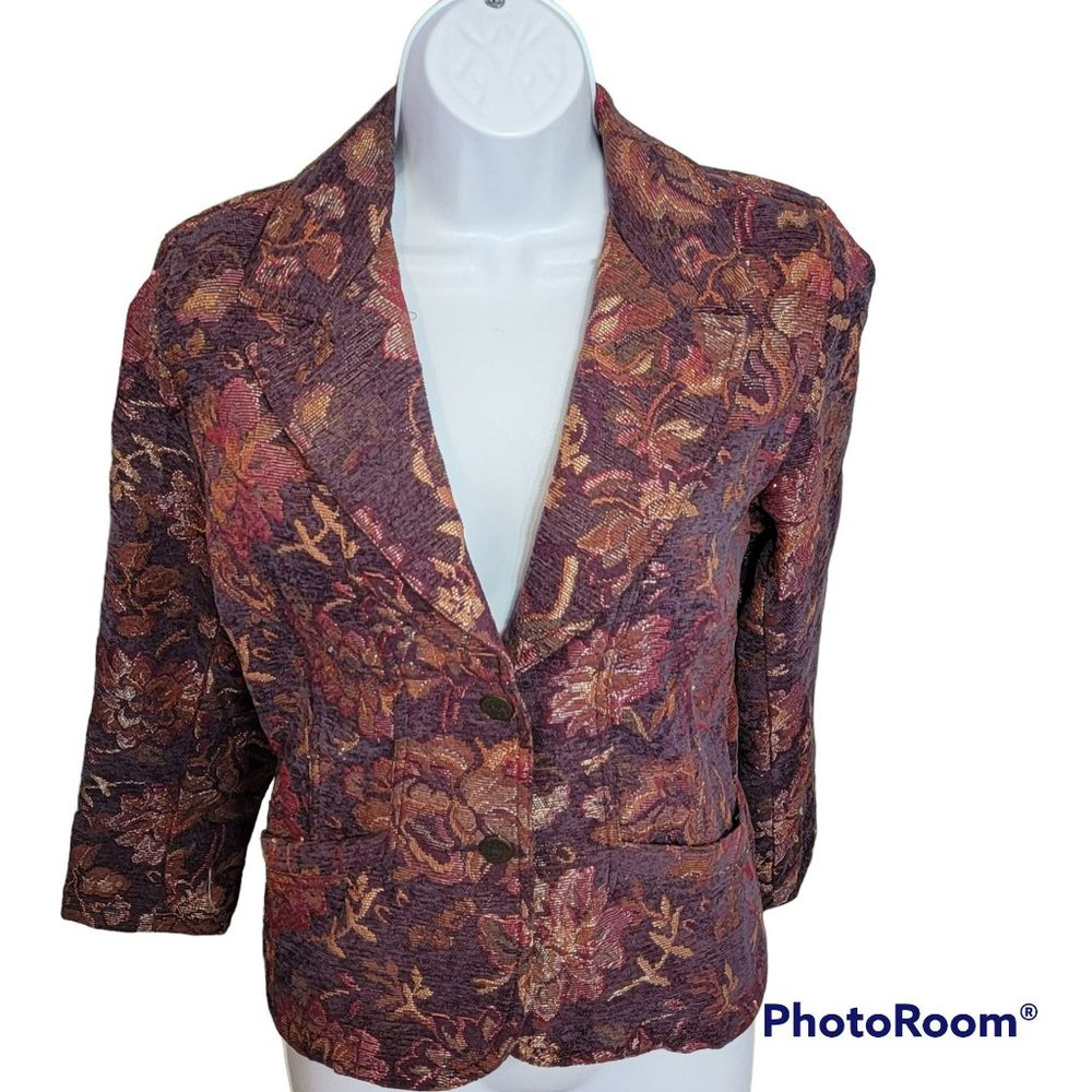 Coldwater Creek Women's XS Tan & Jewel Tone Floral Pattern w/Two Button Blazer